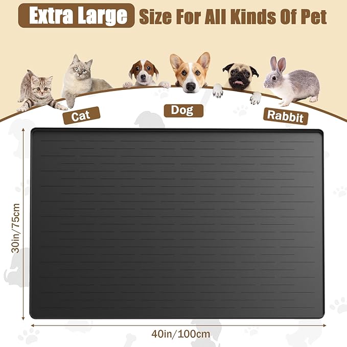 40"x30" Extra Large Silicone Pet Food Mat, XXL Pet Feeding Mat with Raised Edges, Waterproof Dog Bowl Mat for Food and Water, Cat and Dog Placemat for Floors, Black