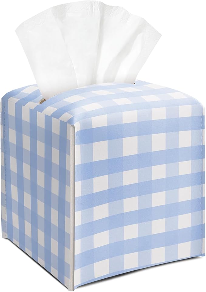Blue and White Gingham Tissue Box Cover Square, Leather Tissue Holder with Bottom Belt, for Nightstands Desks Office Bathroom Car Vanity Home Decor Supplies -002