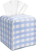 Blue and White Gingham Tissue Box Cover Square, Leather Tissue Holder with Bottom Belt, for Nightstands Desks Office Bathroom Car Vanity Home Decor Supplies -002