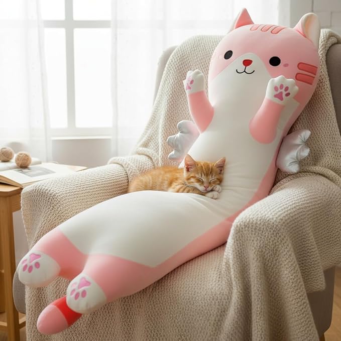 Long Cat Plush Pillow, Cute Cat Stuffed Animal Body Pillow with Wings, Soft Kawaii Kitty Hugging Pillow, Christmas Valentine's Birthday Gift for Kids Girls Boys (Pink, 110cm/43.31in)