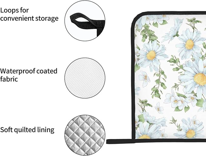 2pcs White Daisy Pot Holders Flower Printing Heat Resistant Hot Pads Green and White Background Cooking Barbecue Microwave Washable BBQ Grilling Potholders