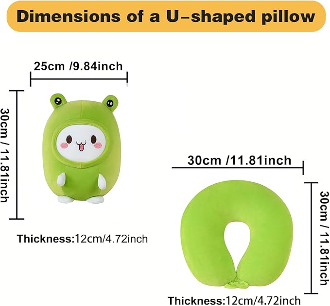 stocaggio Kids Travel Pillow - 2-in-1 Deformable Kids Neck Pillow for Traveling, Soft U-Shaped Pillow with Adorable Animal Design, Comfy Sleep and Play, Ideal for Airplanes and Traveling (Green Frog)