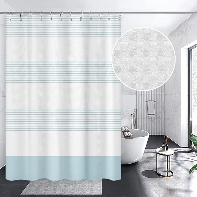 ggaimwf 71x94 Inch Blue and White Striped Waffle Shower Curtain Ombre Nautical Splicing Stall Bath Curtain Rustic Farmhouse Neutral Bathtub Curtain for Kids Bathroom Waterproof Decor with Hooks