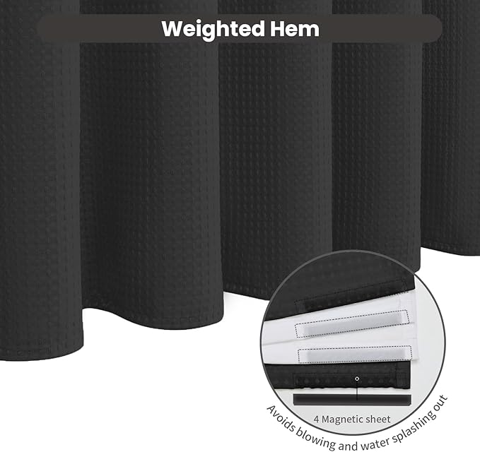Inhousolu No Hook Waffle Weave Shower Curtain with Removable Snap in Fabric Liner Set for Bathroom, 230 GSM Heavy Duty Weighted Hem, Water Repellent Washable Bath Curtains, 72 x 78 Inch, Black