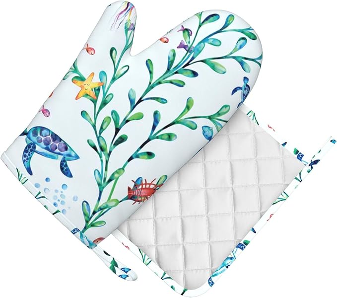 Silicone Oven Mitts and Pot Holders Sets, Home Ocean Turtle Jellyfish Seaweed Heat Resistant BBQ Gloves for Kitchen Baking Cooking Grilling Microwave