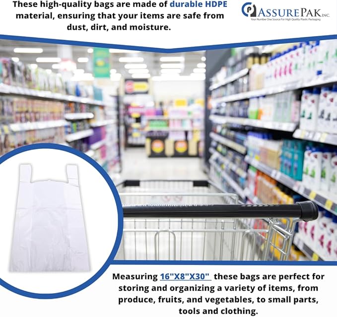 ASSUREPAK White Unprinted HDPE T-Shirt Bags 16"x8"x30" – 500 Units – 16 Microns –Perfect for supermarkets, convenience stores, restaurants, and retail shops