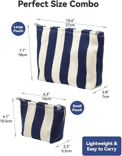 2 Pcs Makeup Bag Set, Women Gifts, Travel Cosmetic Bags, Canvas Make up Bag for Purse, Blue Striped Makeup Pouch with Zipper Lining, Cosmetic Storage Car Organizer, Portable Large & Small Toiletry