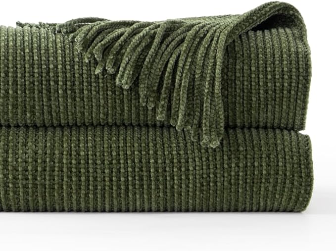 BATTILO HOME Olive Green Throw Blanket for Couch, Soft Chenille Knit Throws with Tassels for Home Decor, Green Blankets and Throws for Bed Couch Cover, 60"x80"