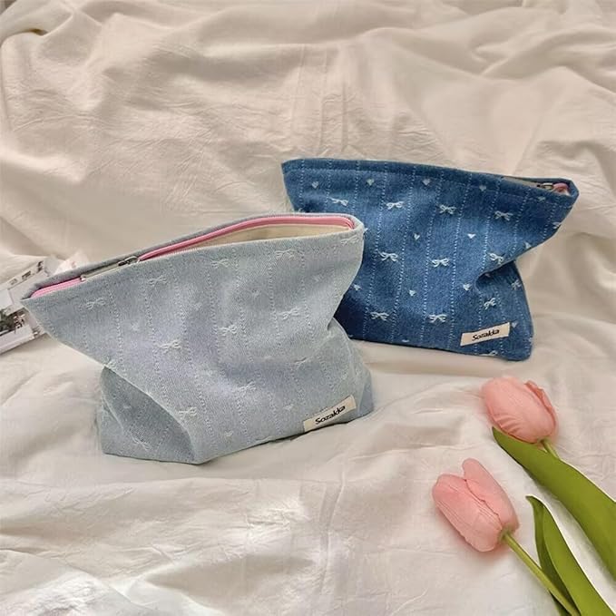 SxoSyo Cosmetic Bags for Women Makeup Bag Large Capacity Purse Travel Toiletry Zipper Storage Pouch Make up Brushes Organizer for Gifts (bowknot, denim blue)