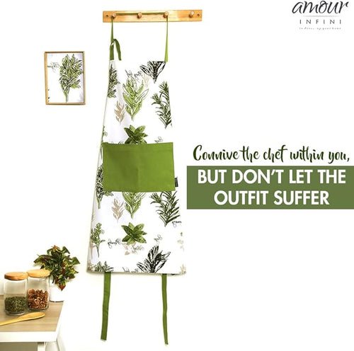 AMOUR INFINI Aprons for Women Adjustable Strap with Waist Ties Aprons for Baking, Cooking, Gardening Cotton Washable, Reusable Spring Apron (27.5 x 33 Inches - Herb Garden)