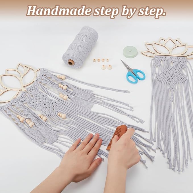 FREEBLOSS 2 Set DIY Macrame Lotus Wall Hanging Kit Macrame Tapestry Kit with Instructions Wooden Frames for Adults Beginners Lotus Wall Hanging Decor for Living Room Bedroom