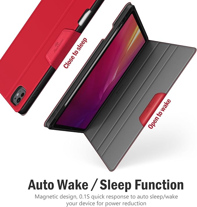 Antbox for iPad Pro 11 Inch Case M5 2025/M4 2024, Built-in Pencil Holder, Fully Supports Pencil Pro/USB-C, Auto Sleep/Wake Function Vegan Leather (Red)