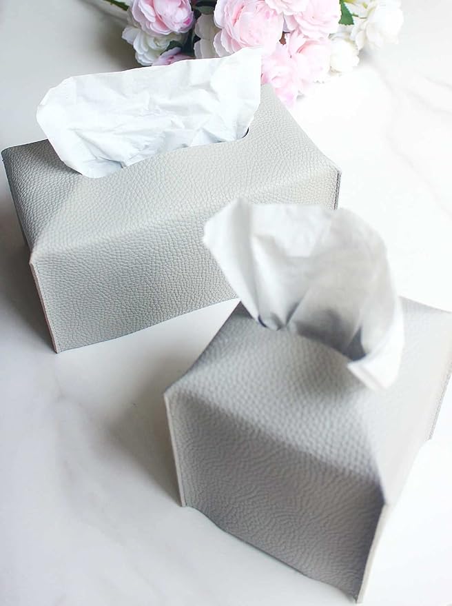 Large Rectangle Tissue Box Cover – Plus Size Tissue Box Holder Long with Bottom Belt [JESMINI, Light Gray] Faux Leather Rectangular Tissue Holder for Bathroom/Car/Office Decor
