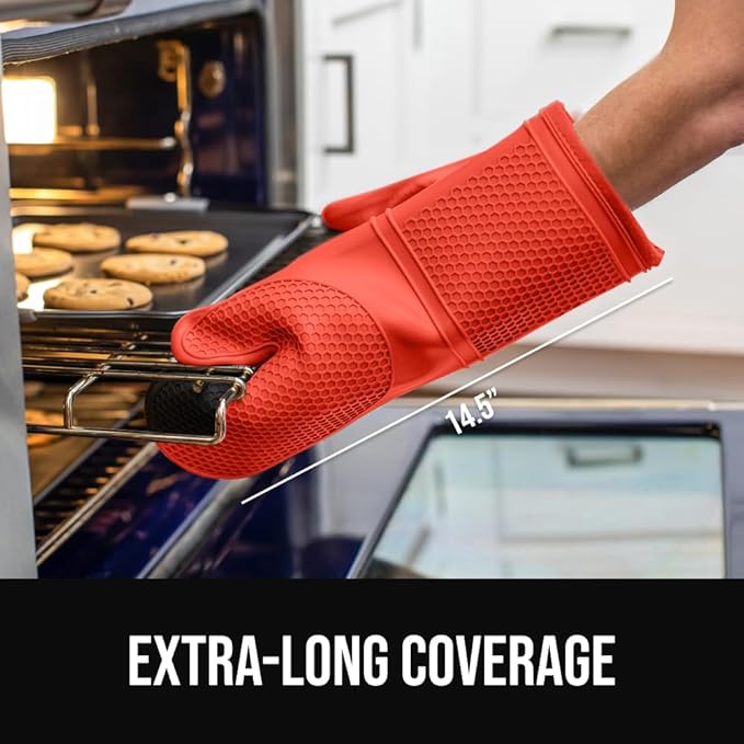 GORILLA GRIP BPA-Free Soft Silicone Oven Mitts, 14.5x8.3, Heat Resistant and Waterproof Cooking Gloves, Thick Cotton Lining, Flexible Gripping for Baking Grilling, Kitchen Potholders Set of 2, Coral