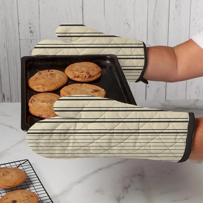 Oven Mitts (Set of 2) | Heat Resistant Oven Gloves Kitchen,Safe for Baking, BBQ, Grilling | Cooking Gloves | Soft & Durable | Machine Washable (Black Stripe Print)