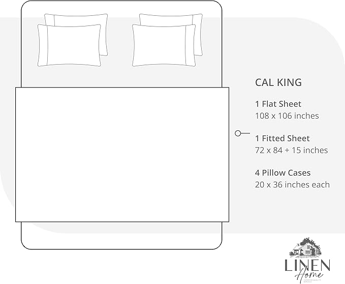 Linen Home 100% Cotton Percale Sheet Set, Cal King Size, Ivory, Deep Pocket, 6 Pieces Set - 1 Flat, 1 Deep Pocket Fitted Sheet and 4 Pillowcases, Crisp Cool and Strong Bed Linen