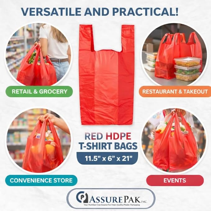 ASSUREPAK Easy Open - 100 Bags - Colored Unprinted HDPE T-Shirt Bags - 1/6 BBL 11.5"X6"X21" - 13 microns - Red - Perfect for Groceries, Shopping and Retail Stores LOOP-RED-EO