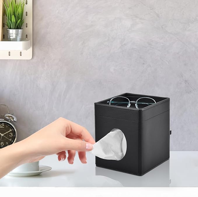 XNONE Tissue Box Cover Square Tissue Box Holder PU Leather Facial Tissues Organizer with Storage Tray for Bathroom Vanity Bedroom Office Car, Stylish Napkin Caddy Decorative Organizer (Black)