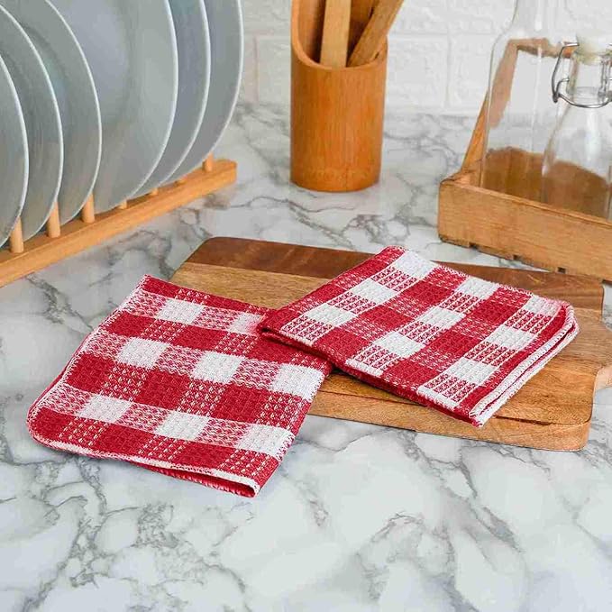 Blue Needles Waffle Weave Check Plaid Dish Cloths, 12x12 Inches 100% Cotton Set of 6 Dish Towels for Kitchen, Ultra Soft & Absorbent Kitchen Towels for Quick Drying Spring Summer - Burgundy & White