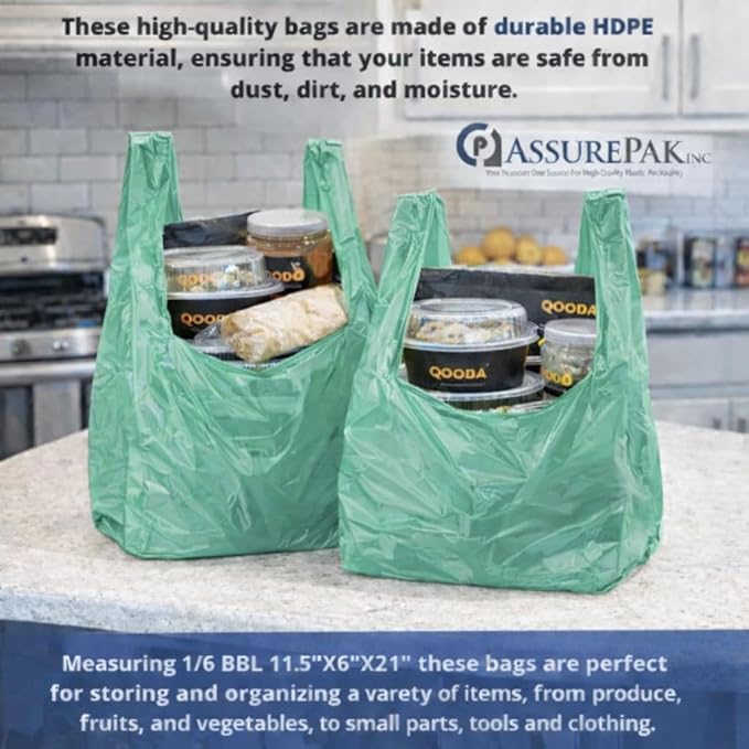 ASSUREPAK Easy Open - 1000 Bags- Colored Unprinted HDPE T-Shirt Bags - 1/6 BBL 11.5"X6"X21"- 13 microns - Green - Perfect for Groceries, Shopping and Retail Stores LOOP-GREEN-EO