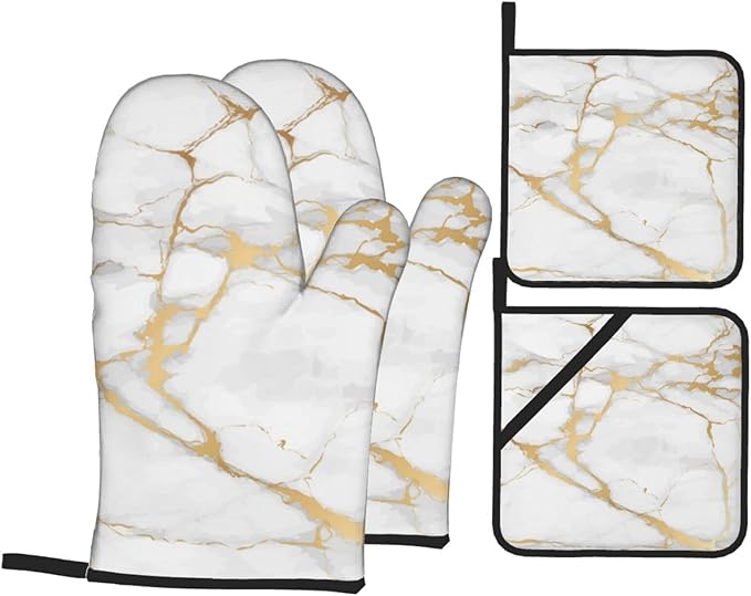 Oven Mitts and Pot Holders White Gold Marble Art Abstract Sets of 4 Kitchen Potholder Gloves Heat Resistant Non-Slip for Chef Baking Cooking Grilling BBQ