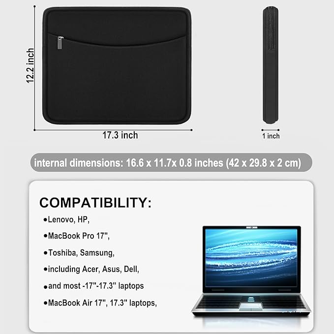 17-17.3 Inch Laptop Sleeve, Shockproof Protective Carrying Computer Cover Bag with Accessory Pocket, Portable Laptop Case Compatible with HP, Dell, Lenovo, Lenovo, Acer, Black