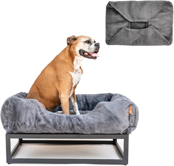 FUZI Elevated Dog Bed Medium with Extra Cover, Luxury Raised Dog Beds, Removable and Machine Washable Bed Cover, Indoor/Outdoor Orthopedic Pet Bed, Medium 31.75x23.6x18 Dark Grey and Black Base