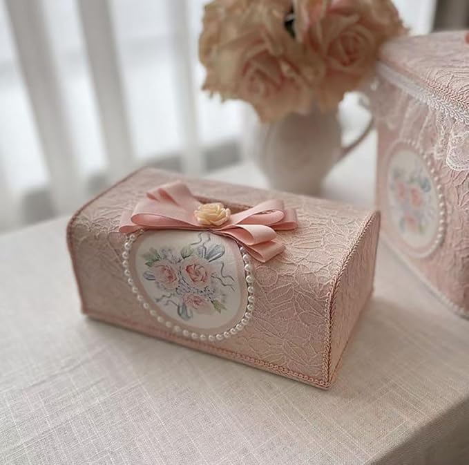 Tissue Cover Holder Fabric Art Cute Tissue Box Cover Dispenser Napkin Organizer for Bathroom Bedroom Office and Car (A-Pink)