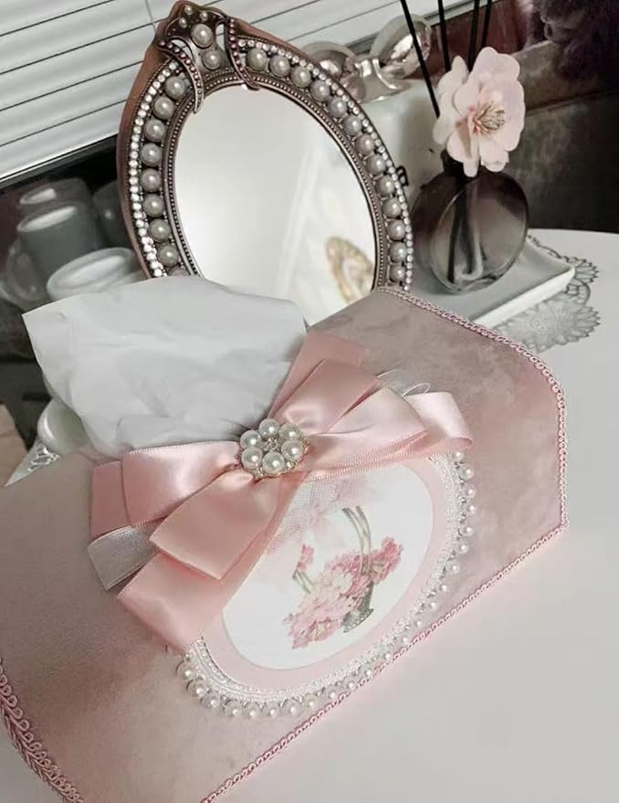 Tissue Cover Holder Fabric Art Cute Tissue Box Cover Dispenser Napkin Organizer for Bathroom Bedroom Office and Car (C-Pink)