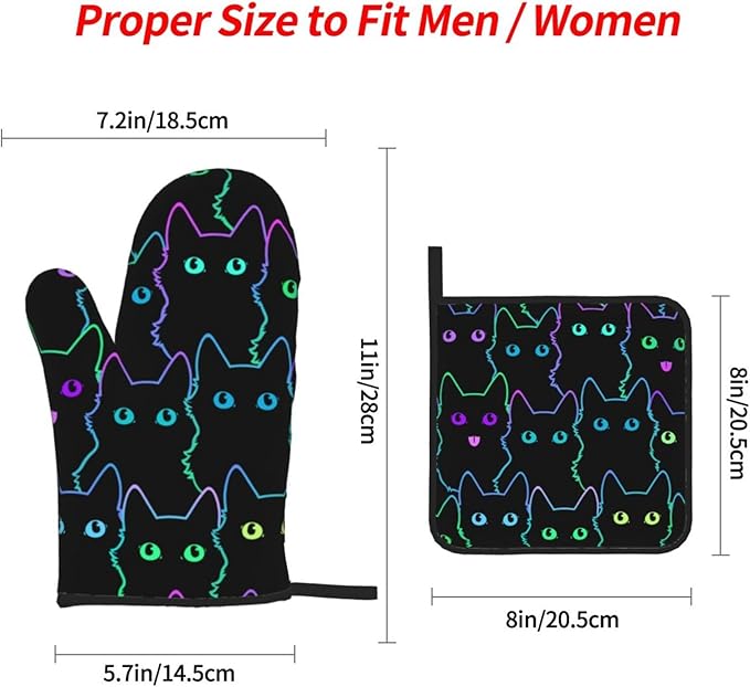 Cute Cat Silhouettes Oven Mitts and Pot Holders 4 Pcs Set Oven Gloves and Potholders for Cooking Microwave BBQ Baking Grilling