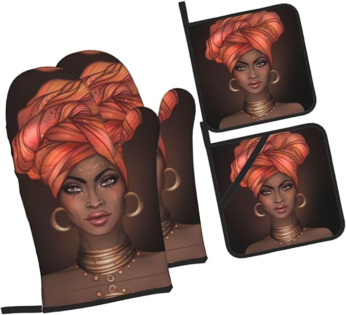 African Woman Oven Mitts and Pot Holders 4 Pcs Set Afro Black Girl Oven Gloves and Potholders for Cooking Microwave BBQ Baking Grilling