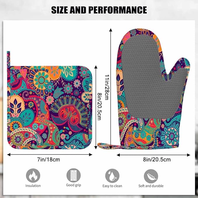 Mxocom Colorful Flowers Silicone Oven Mitts and Pot Holders Sets Exotic Curly Ethnic Fantastic Floral Colorful Artistic BBQ Gloves for Kitchen,Cooking,Baking,Grilling