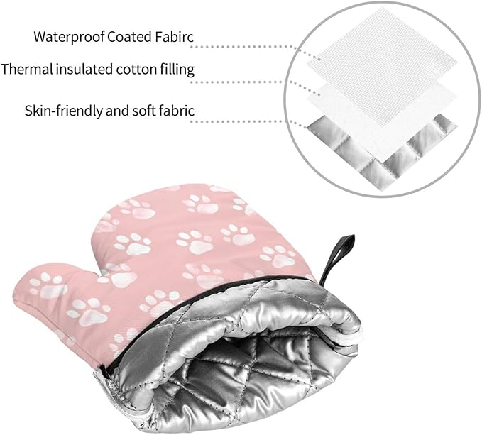 Oven Mitts and Pot Holders Sets of 4 Pastel Pink Dog Paw Pattern Kitchen Potholder Gloves Heat Resistant Non-Slip for Chef Baking Cooking Grilling BBQ Mittens