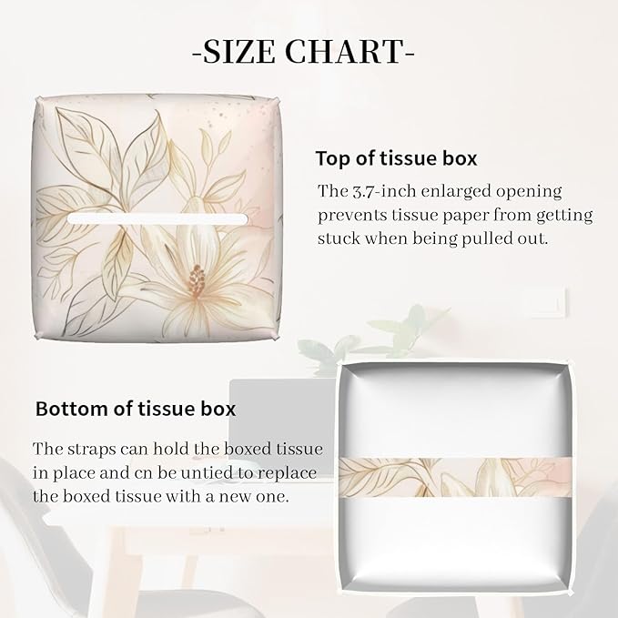 Tissue Box Cover,Pink Golden Boho Minimalist Flowers Pu Leather Square Tissue Box Cover Case Decorative Organizer for Bathroom Vanity Countertop Night Stands Office Desk & Car 5.2X5.2X5.2''