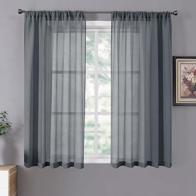 Tollpiz Short Sheer Curtains Linen Textured Bedroom Curtain Sheers Light Filtering Rod Pocket Voile Curtains for Living Room, 54 x 45 inches Long, Dark Grey, Set of 2 Panels