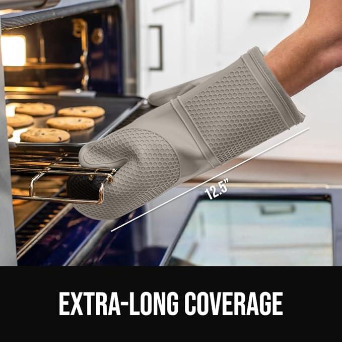 GORILLA GRIP BPA-Free Soft Silicone Oven Mitts, Heat Resistant and Waterproof Cooking Gloves, Thick Cotton Lining, Flexible Gripping for Baking Grilling, Kitchen Potholders Set of 2, 12.5x8.3, Almond