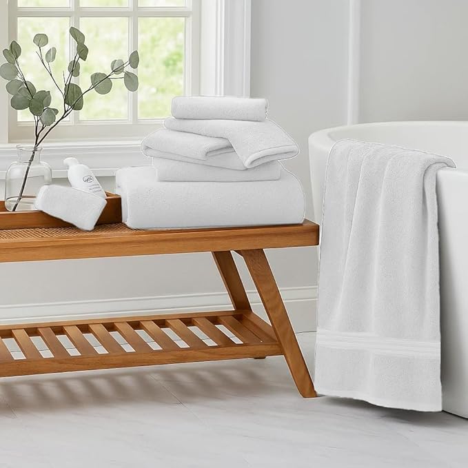RIVERSIDE Pack of 8 Towels Set, 2 Large Bath, 2 Hand, 4 Face Washcloths, 100% Cotton Hotel Quality, Super Soft, Quick Dry, Highly Absorbent Perfect for Bathroom, White