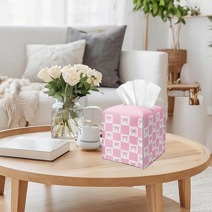 Pink Gingham Bow Tissue Box Cover Square, Leather Tissue Holder with Bottom Belt, for Nightstands Desks Office Bathroom Car Vanity Home Decor Supplies -006