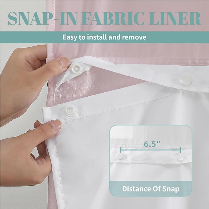 eachope BlushPink No Hook Waffle Weave Shower Curtain with snap-in Liner Replacement, 230GSM Waterproof Fabric Hotel Shower Curtain Set for Bathroom, Through Mesh Top Window,54Wx80H