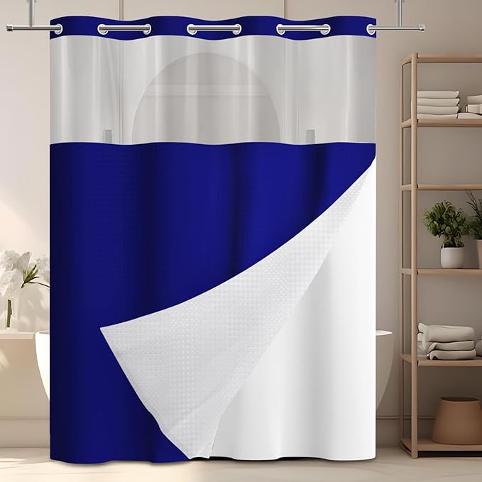GICDSU No Hook Shower Curtain with Snap in Liner, Waffle Shower Curtain Set for Bathroom, Hotel Style with Semi-Sheer Top Window, Waterproof & Washable, Navy Blue, 71" W x 75" L