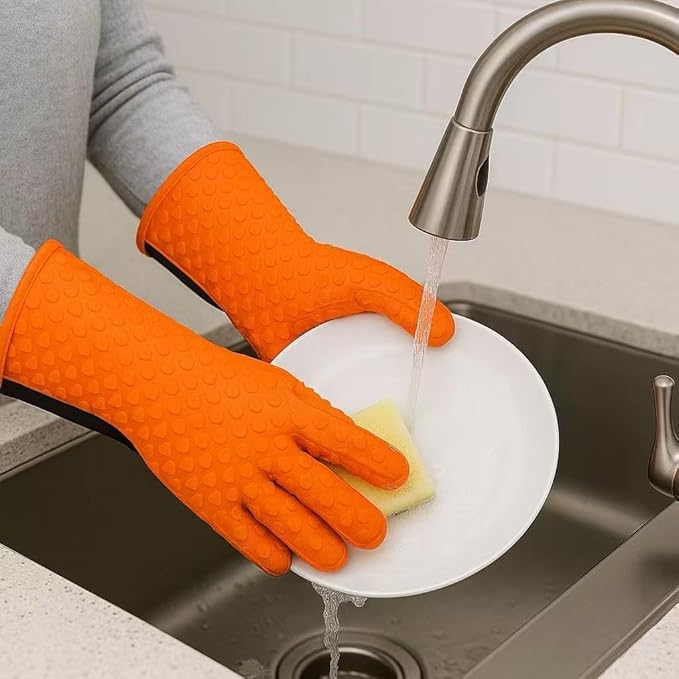 Orange Heat Resistant Oven Gloves, Silicone Kitchen Mitts, Non-Slip Pot Holder Gloves, 1 Size Fits All, Water Proof Men & Women Kitchen Glove for Cooking,Baking,BBQ, Single Glove