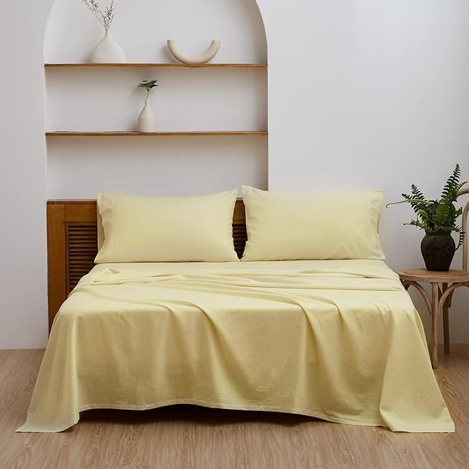 Simple&Opulence Belgian Linen Sheet Set Solid Color - 4 Pieces (1 Flat Sheet, 1 Fitted Sheet & 2 Pillowcases) Natural Flax Cotton Blend Soft Breathable Farmhouse Bedding - King Size, Pale Yellow