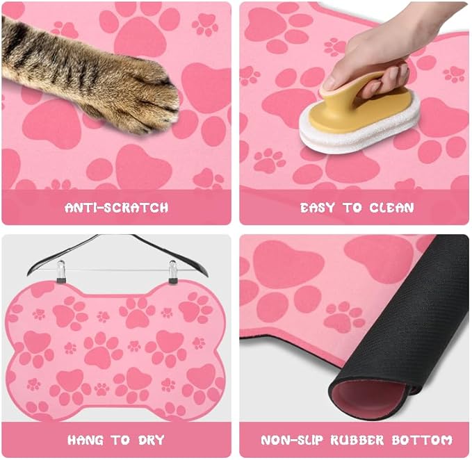 Dog Food Mats for Floors Waterproof, Pet Feeding Absorbent Water Bowl Mat Cat Placemats Pink Bone Shape 25.5 * 17 inch