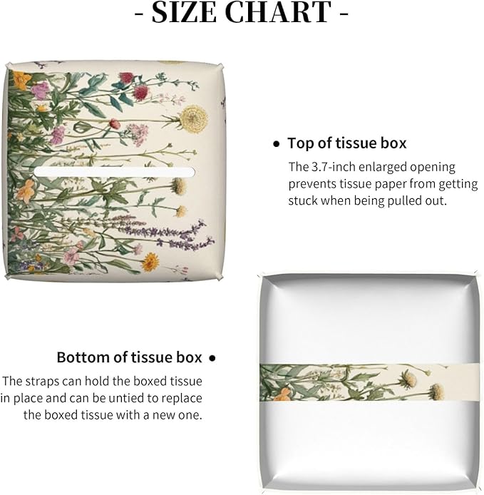 Vintage Dandelion Herbs Tissue Box Cover Spring Summer Wild Flowers Florals Square Leather Tissue Holder Decorative Facial Tissue Cube Paper Cover Case Organizer for Bathroom Night Stands Desk Home