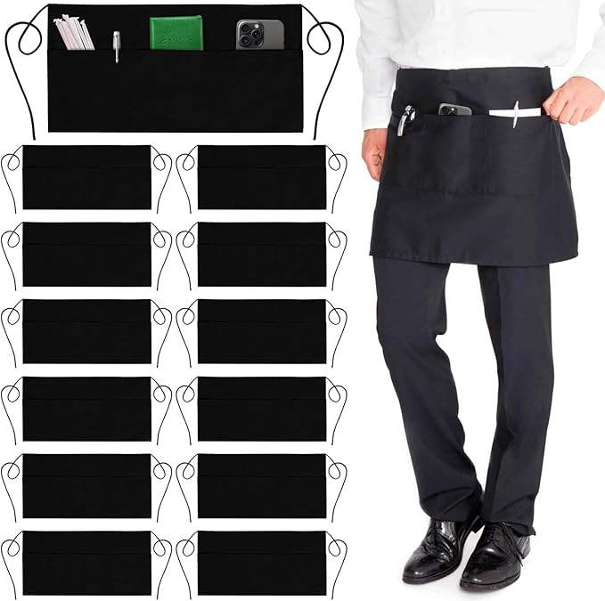 GREEN LIFESTYLE Server Aprons with 3 Pockets - Waist Apron, Waitress Apron for Women and Man, Water Resistant with Long Waist Strap Reinforced Seams, Half Apron (12 Pack - Black)