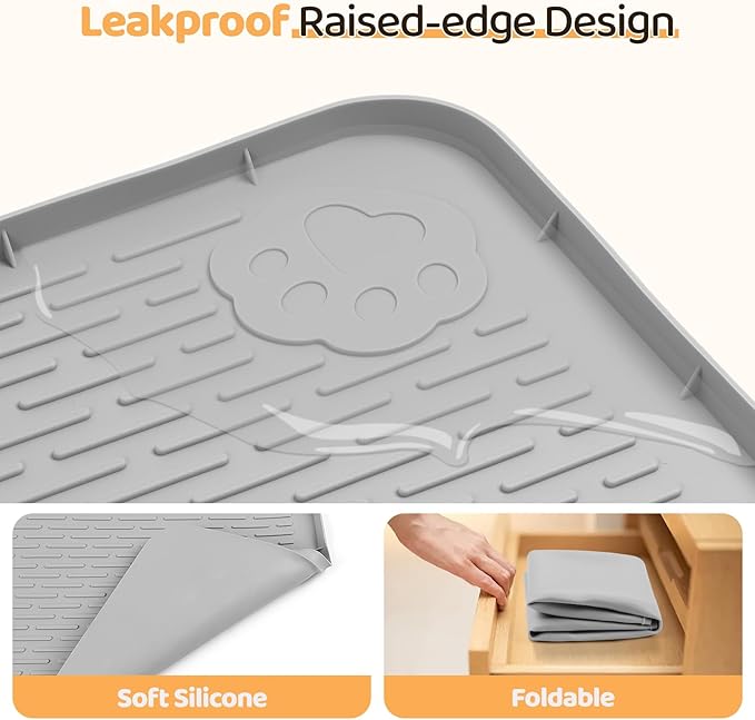 Bartuke Dog Food Mat, Extra Large 40" x 28" Silicone Pet Feeding Mat for Small, Medium, and Large Pets Non-Slip, Easy to Clean, Gray