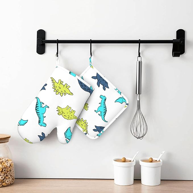 Cartoon Cute Dinosaur Oven Mitts and Pot Holders Sets, Home Silicone Heat Resistant BBQ Gloves for Kitchen Baking Cooking Grilling Microwave