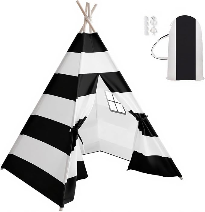 xiaowantong Teepee Tent for Kids with Carry Bag, Washable Playhouse for Indoor Use, Ideal Play Tent for Girls and Boys, Stripe Black