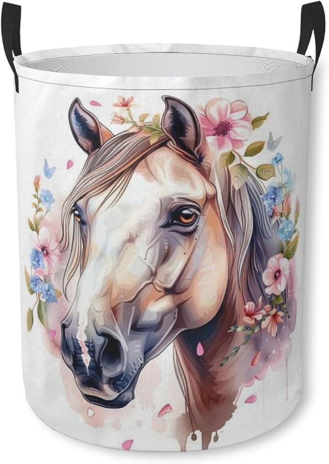 Laundry Basket Floral Horse Collapsible Laundry Hamper with Handles Clothes Storage Bin for Household Bedroom Bathroom College Dorms