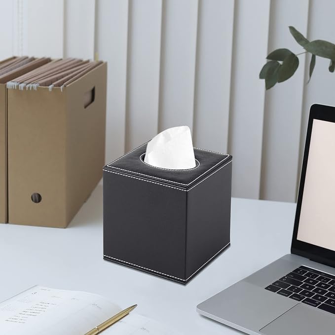 RHCSZ PU Leather Tissue Box Cover Square,Upgrade Large Size Napkin Holder Pumping Paper Case Dispenser,Facial Tissue Holder with Magnetic Bottom for Home Office Car Hotel Restaurant Black (Black-1)